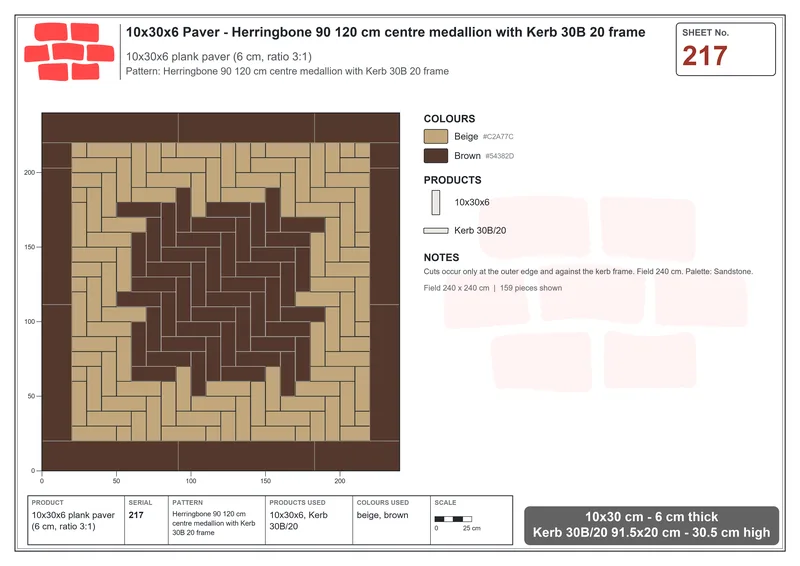 Interlock (Pasco) 10x30 cm · RC13-217 · Herringbone 90 120 cm centre medallion with Kerb 30B 20 frame · Laying plan Interlock (Pasco) 10x30 cm · RC13-217 · Herringbone 90 120 cm centre medallion with Kerb 30B 20 frame · Laying plan
