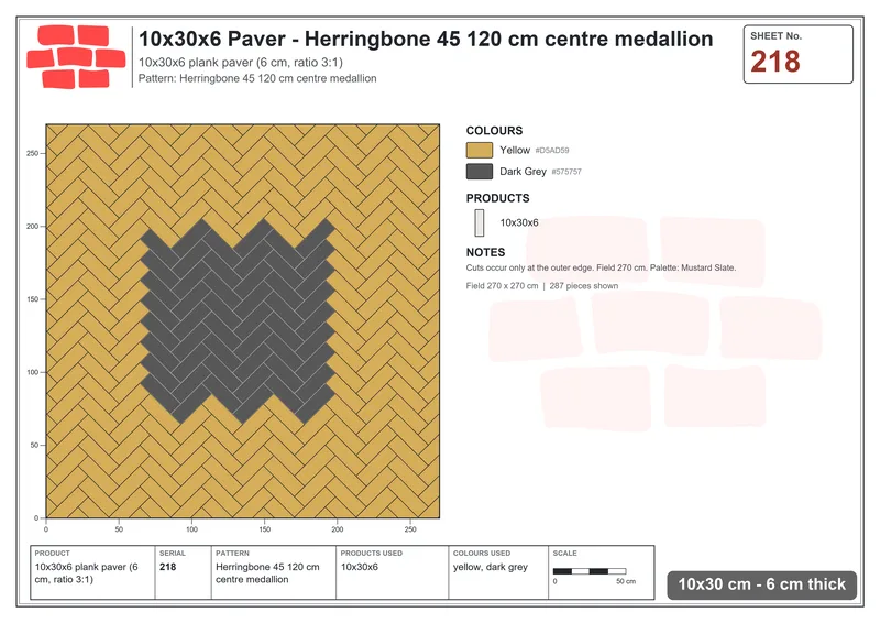Interlock (Pasco) 10x30 cm · RC13-218 · Herringbone 45 120 cm centre medallion · Laying plan Interlock (Pasco) 10x30 cm · RC13-218 · Herringbone 45 120 cm centre medallion · Laying plan