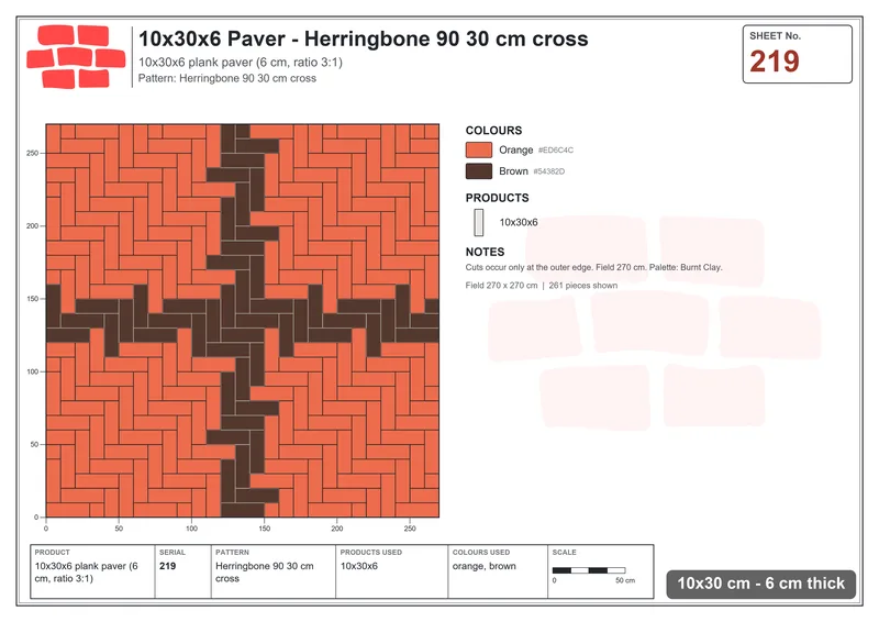 Interlock (Pasco) 10x30 cm · RC13-219 · Herringbone 90 30 cm cross · Laying plan Interlock (Pasco) 10x30 cm · RC13-219 · Herringbone 90 30 cm cross · Laying plan