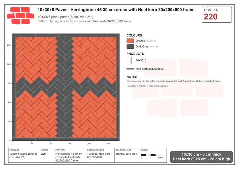 Interlock (Pasco) 10x30 cm · RC13-220 · Herringbone 45 30 cm cross with Heel kerb 80x200x600 frame · Laying plan Interlock (Pasco) 10x30 cm · RC13-220 · Herringbone 45 30 cm cross with Heel kerb 80x200x600 frame · Laying plan