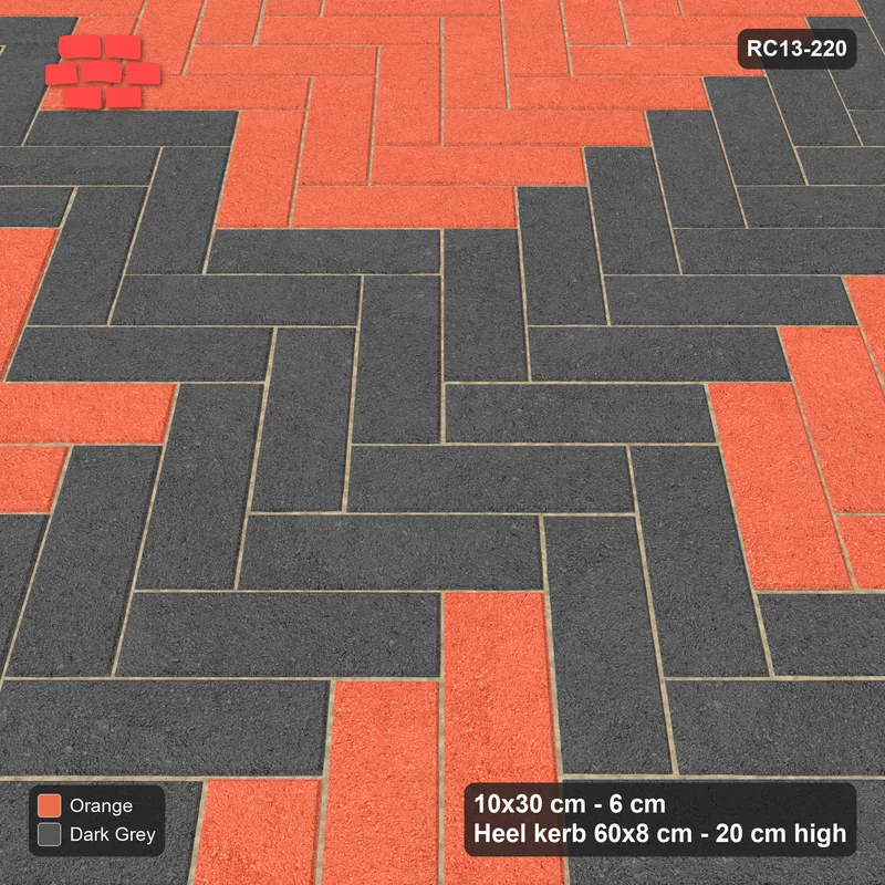 Interlock (Pasco) 10x30 cm · RC13-220 · Herringbone 45 30 cm cross with Heel kerb 80x200x600 frame · Side view