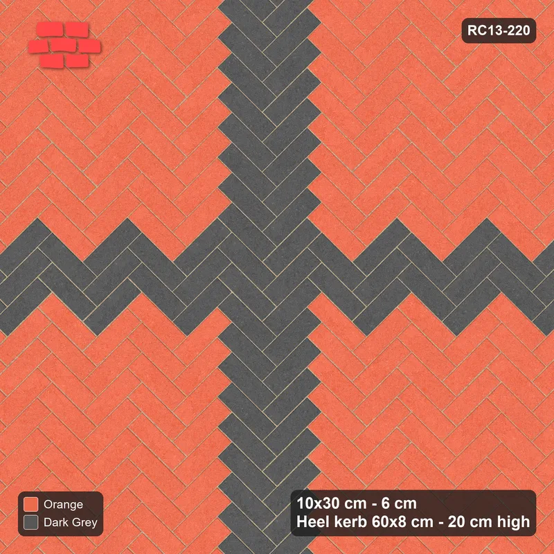 Interlock (Pasco) 10x30 cm · RC13-220 · Herringbone 45 30 cm cross with Heel kerb 80x200x600 frame · Top view