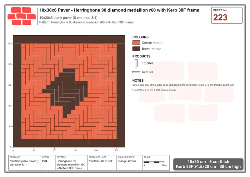 Interlock (Pasco) 10x30 cm · RC13-223 · Herringbone 90 diamond medallion r60 with Kerb 38F frame · Laying plan Interlock (Pasco) 10x30 cm · RC13-223 · Herringbone 90 diamond medallion r60 with Kerb 38F frame · Laying plan