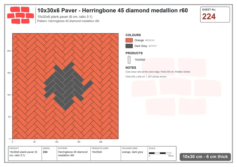 Interlock (Pasco) 10x30 cm · RC13-224 · Herringbone 45 diamond medallion r60 · Laying plan Interlock (Pasco) 10x30 cm · RC13-224 · Herringbone 45 diamond medallion r60 · Laying plan
