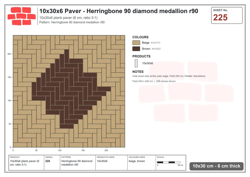 Interlock (Pasco) 10x30 cm · RC13-225 · Herringbone 90 diamond medallion r90 · Laying plan Interlock (Pasco) 10x30 cm · RC13-225 · Herringbone 90 diamond medallion r90 · Laying plan