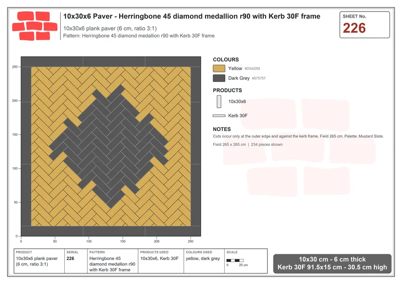 Interlock (Pasco) 10x30 cm · RC13-226 · Herringbone 45 diamond medallion r90 with Kerb 30F frame · Laying plan Interlock (Pasco) 10x30 cm · RC13-226 · Herringbone 45 diamond medallion r90 with Kerb 30F frame · Laying plan