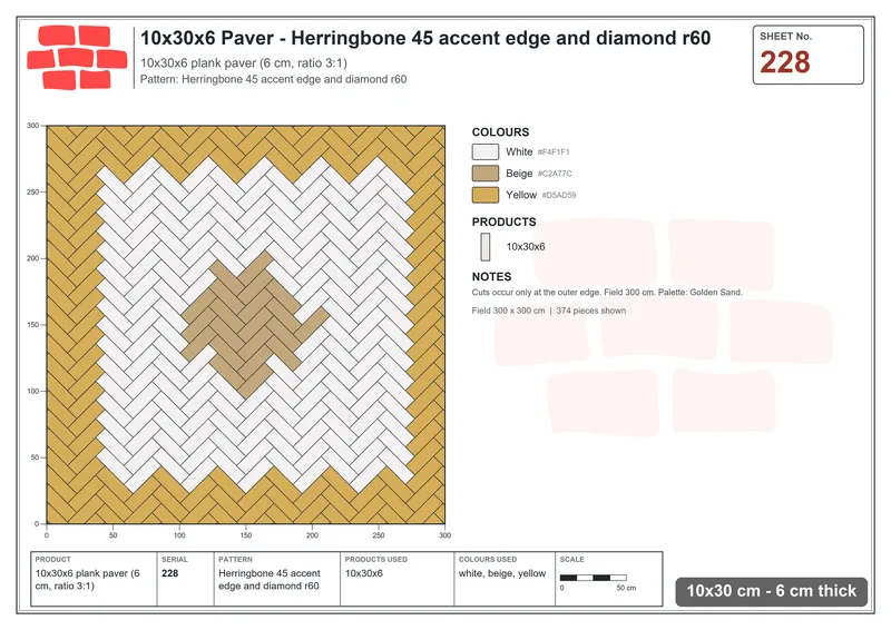 Interlock (Pasco) 10x30 cm · RC13-228 · Herringbone 45 accent edge and diamond r60 · Laying plan Interlock (Pasco) 10x30 cm · RC13-228 · Herringbone 45 accent edge and diamond r60 · Laying plan
