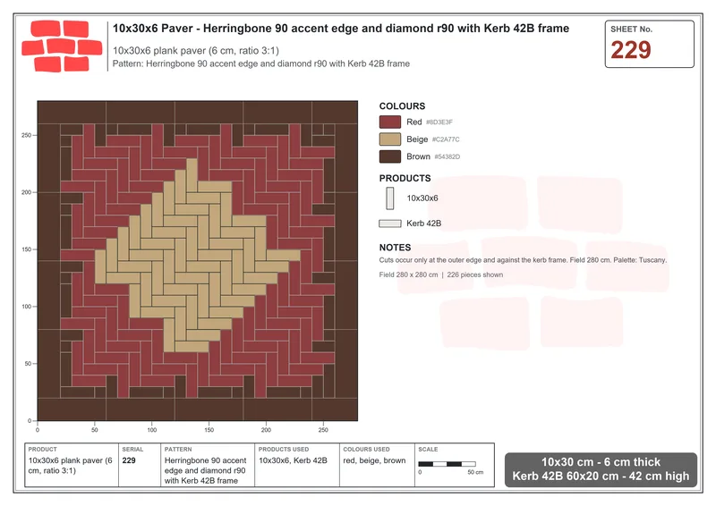 Interlock (Pasco) 10x30 cm · RC13-229 · Herringbone 90 accent edge and diamond r90 with Kerb 42B frame · Laying plan Interlock (Pasco) 10x30 cm · RC13-229 · Herringbone 90 accent edge and diamond r90 with Kerb 42B frame · Laying plan