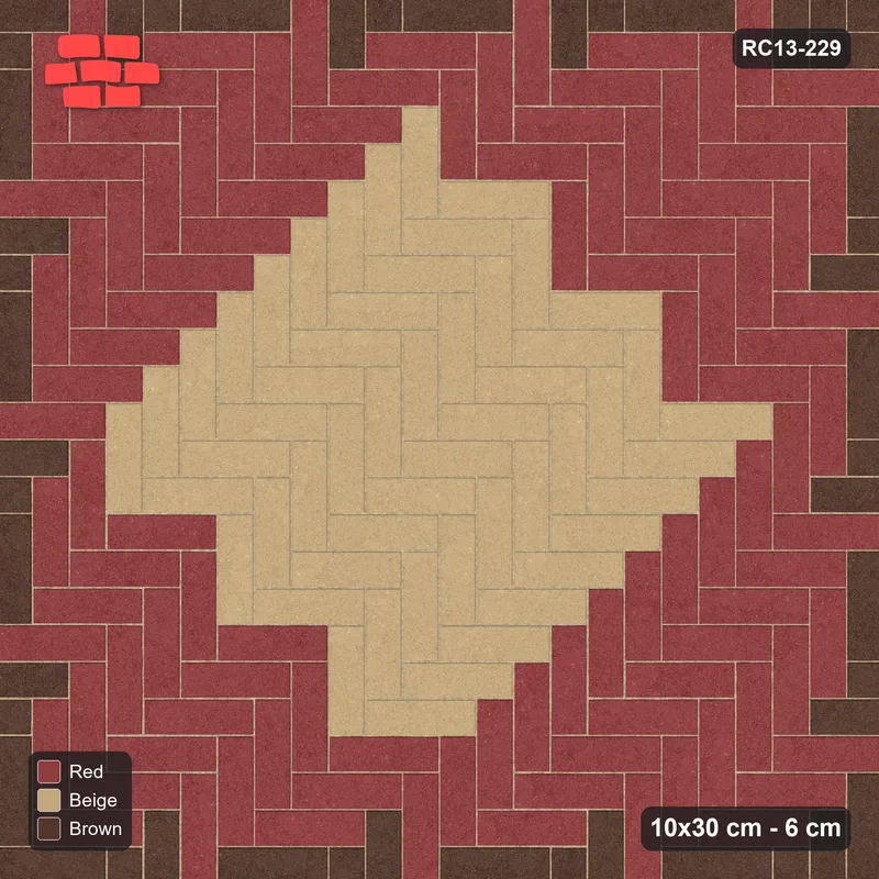 Interlock (Pasco) 10x30 cm · RC13-229 · Herringbone 90 accent edge and diamond r90 with Kerb 42B frame · Top view