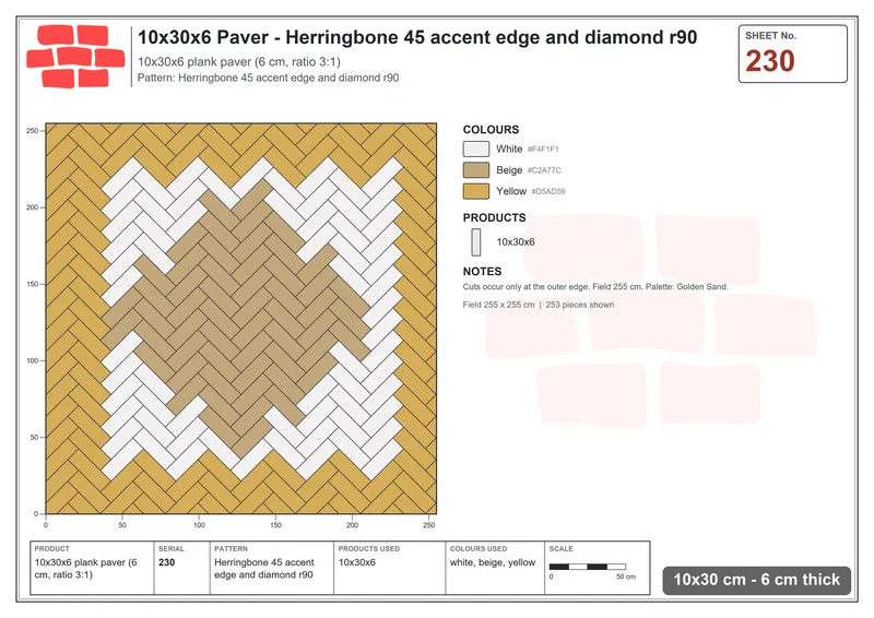 Interlock (Pasco) 10x30 cm · RC13-230 · Herringbone 45 accent edge and diamond r90 · Laying plan Interlock (Pasco) 10x30 cm · RC13-230 · Herringbone 45 accent edge and diamond r90 · Laying plan