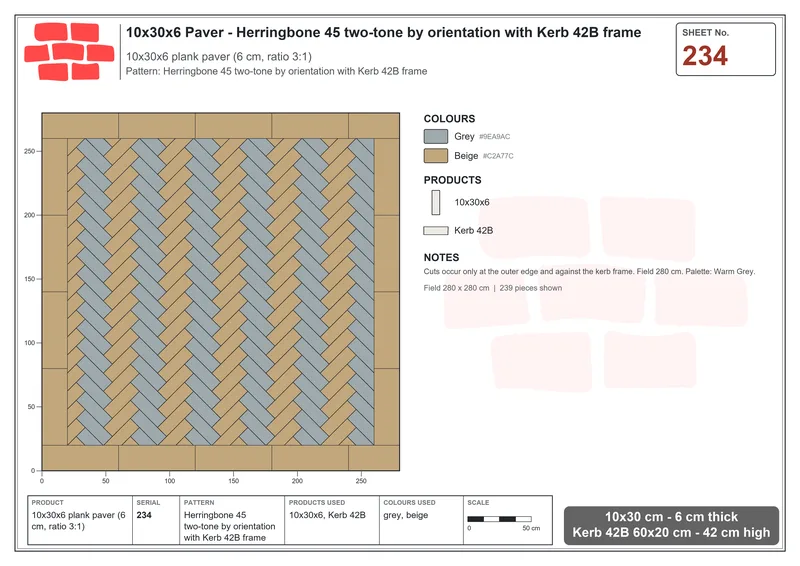 Interlock (Pasco) 10x30 cm · RC13-234 · Herringbone 45 two-tone by orientation with Kerb 42B frame · Laying plan Interlock (Pasco) 10x30 cm · RC13-234 · Herringbone 45 two-tone by orientation with Kerb 42B frame · Laying plan