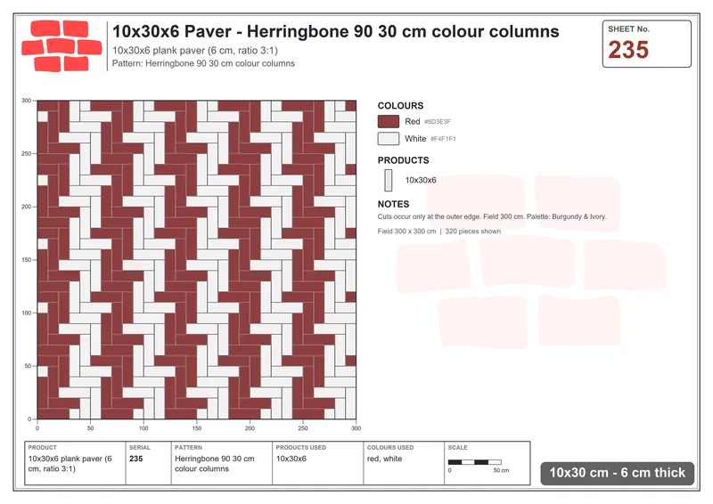 Interlock (Pasco) 10x30 cm · RC13-235 · Herringbone 90 30 cm colour columns · Laying plan Interlock (Pasco) 10x30 cm · RC13-235 · Herringbone 90 30 cm colour columns · Laying plan