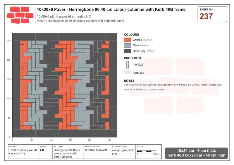 Interlock (Pasco) 10x30 cm · RC13-237 · Herringbone 90 40 cm colour columns with Kerb 40B frame · Laying plan Interlock (Pasco) 10x30 cm · RC13-237 · Herringbone 90 40 cm colour columns with Kerb 40B frame · Laying plan