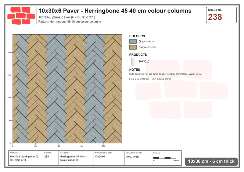 Interlock (Pasco) 10x30 cm · RC13-238 · Herringbone 45 40 cm colour columns · Laying plan Interlock (Pasco) 10x30 cm · RC13-238 · Herringbone 45 40 cm colour columns · Laying plan