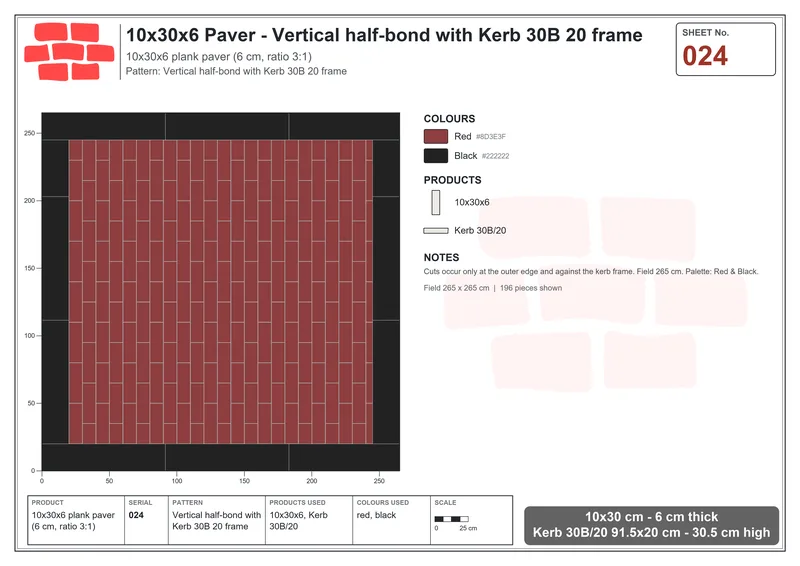 Interlock (Pasco) 10x30 cm · RC13-24 · Vertical half-bond with Kerb 30B 20 frame · Laying plan Interlock (Pasco) 10x30 cm · RC13-24 · Vertical half-bond with Kerb 30B 20 frame · Laying plan