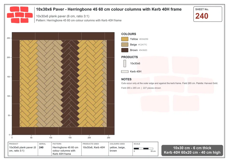 Interlock (Pasco) 10x30 cm · RC13-240 · Herringbone 45 60 cm colour columns with Kerb 40H frame · Laying plan Interlock (Pasco) 10x30 cm · RC13-240 · Herringbone 45 60 cm colour columns with Kerb 40H frame · Laying plan