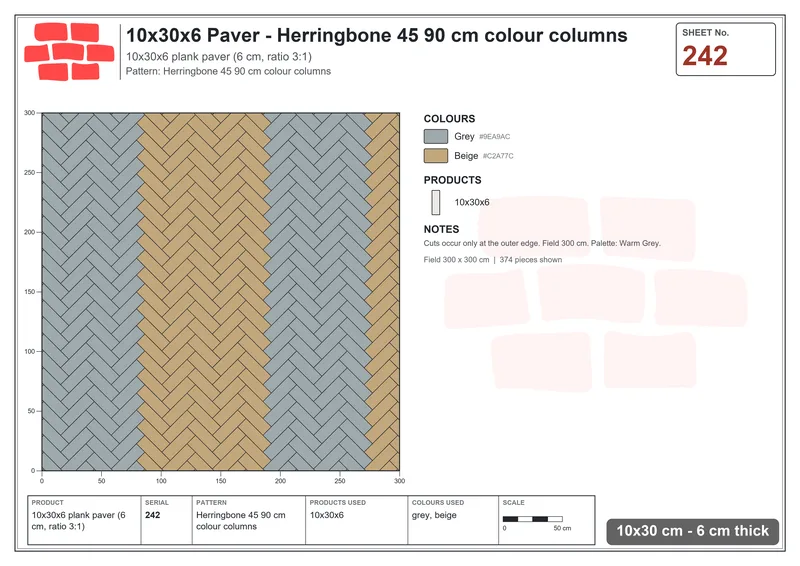 Interlock (Pasco) 10x30 cm · RC13-242 · Herringbone 45 90 cm colour columns · Laying plan Interlock (Pasco) 10x30 cm · RC13-242 · Herringbone 45 90 cm colour columns · Laying plan