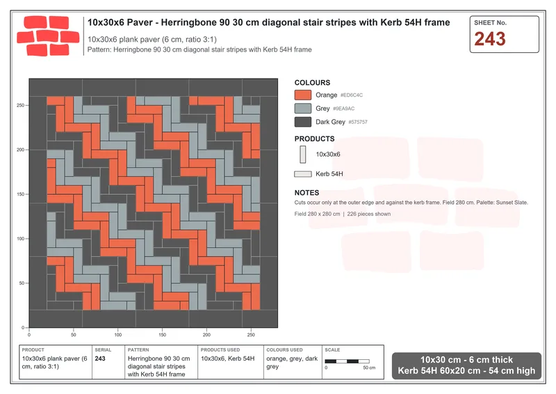 Interlock (Pasco) 10x30 cm · RC13-243 · Herringbone 90 30 cm diagonal stair stripes with Kerb 54H frame · Laying plan Interlock (Pasco) 10x30 cm · RC13-243 · Herringbone 90 30 cm diagonal stair stripes with Kerb 54H frame · Laying plan