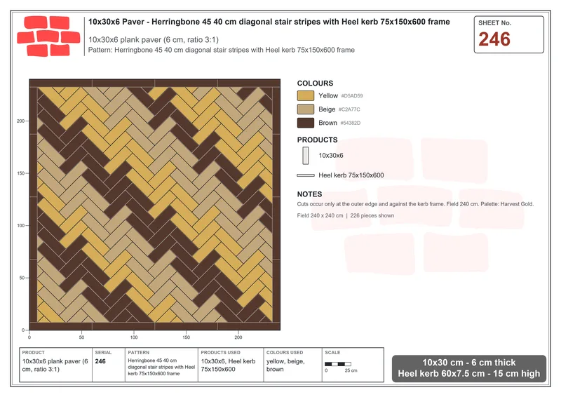 Interlock (Pasco) 10x30 cm · RC13-246 · Herringbone 45 40 cm diagonal stair stripes with Heel kerb 75x150x600 frame · Laying plan Interlock (Pasco) 10x30 cm · RC13-246 · Herringbone 45 40 cm diagonal stair stripes with Heel kerb 75x150x600 frame · Laying plan