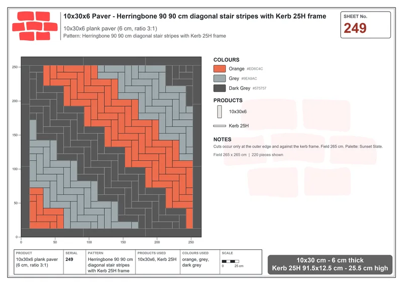 Interlock (Pasco) 10x30 cm · RC13-249 · Herringbone 90 90 cm diagonal stair stripes with Kerb 25H frame · Laying plan Interlock (Pasco) 10x30 cm · RC13-249 · Herringbone 90 90 cm diagonal stair stripes with Kerb 25H frame · Laying plan