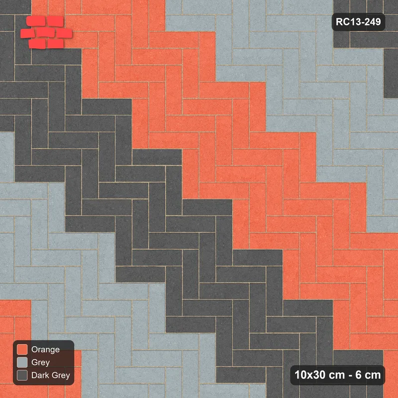 Interlock (Pasco) 10x30 cm · RC13-249 · Herringbone 90 90 cm diagonal stair stripes with Kerb 25H frame · Top view