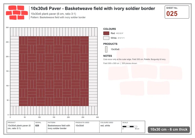 Interlock (Pasco) 10x30 cm · RC13-25 · Basketweave field with ivory soldier border · Laying plan Interlock (Pasco) 10x30 cm · RC13-25 · Basketweave field with ivory soldier border · Laying plan