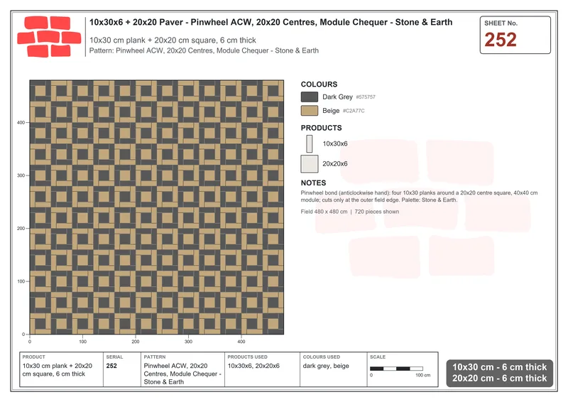 Interlock (Pasco) 10x30 cm · RC13-252 · Pinwheel ACW, 20x20 Centres, Module Chequer - Stone & Earth · Laying plan Interlock (Pasco) 10x30 cm · RC13-252 · Pinwheel ACW, 20x20 Centres, Module Chequer - Stone & Earth · Laying plan