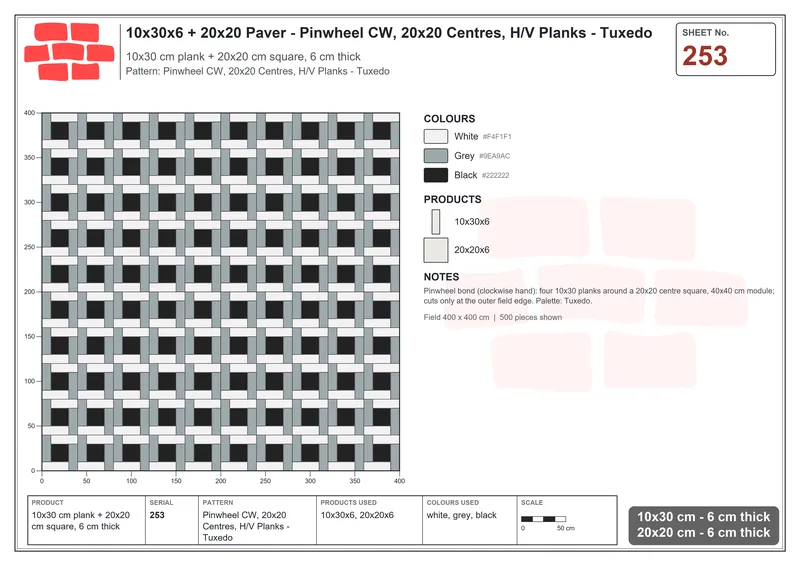 Interlock (Pasco) 10x30 cm · RC13-253 · Pinwheel CW, 20x20 Centres, H/V Planks - Tuxedo · Laying plan Interlock (Pasco) 10x30 cm · RC13-253 · Pinwheel CW, 20x20 Centres, H/V Planks - Tuxedo · Laying plan
