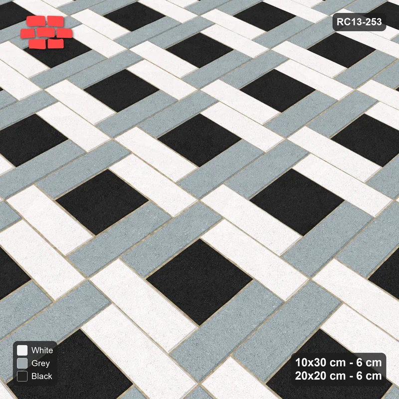 Interlock (Pasco) 10x30 cm · RC13-253 · Pinwheel CW, 20x20 Centres, H/V Planks - Tuxedo · Side view