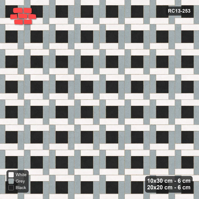 Interlock (Pasco) 10x30 cm · RC13-253 · Pinwheel CW, 20x20 Centres, H/V Planks - Tuxedo · Top view