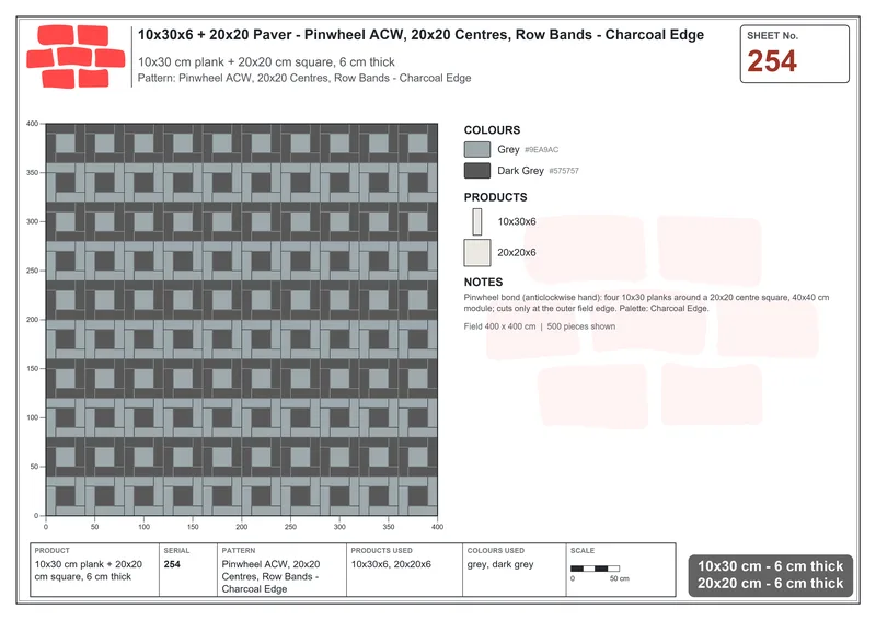Interlock (Pasco) 10x30 cm · RC13-254 · Pinwheel ACW, 20x20 Centres, Row Bands - Charcoal Edge · Laying plan Interlock (Pasco) 10x30 cm · RC13-254 · Pinwheel ACW, 20x20 Centres, Row Bands - Charcoal Edge · Laying plan