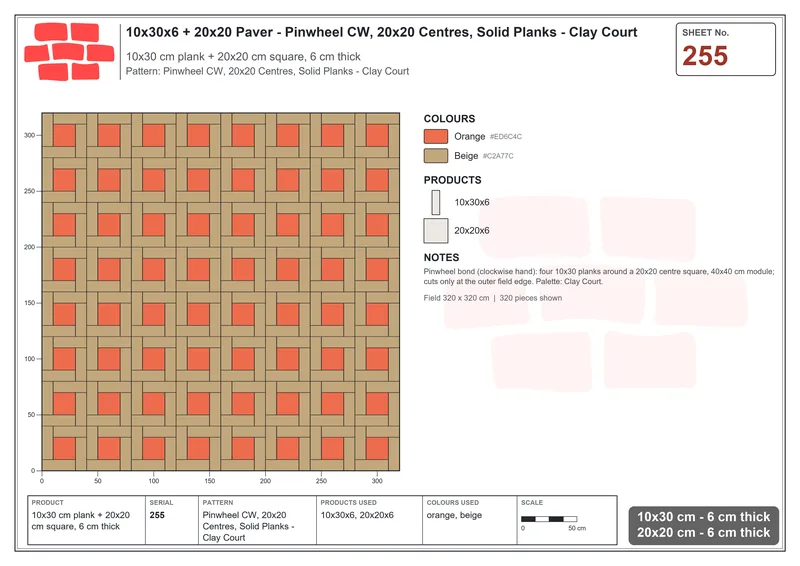Interlock (Pasco) 10x30 cm · RC13-255 · Pinwheel CW, 20x20 Centres, Solid Planks - Clay Court · Laying plan Interlock (Pasco) 10x30 cm · RC13-255 · Pinwheel CW, 20x20 Centres, Solid Planks - Clay Court · Laying plan