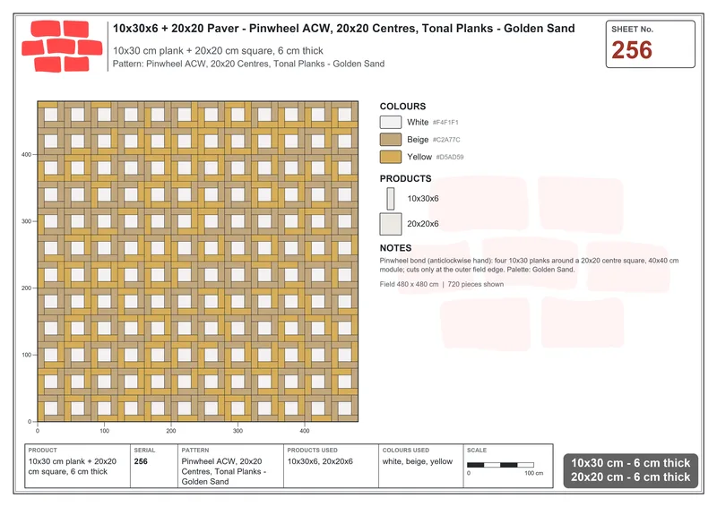 Interlock (Pasco) 10x30 cm · RC13-256 · Pinwheel ACW, 20x20 Centres, Tonal Planks - Golden Sand · Laying plan Interlock (Pasco) 10x30 cm · RC13-256 · Pinwheel ACW, 20x20 Centres, Tonal Planks - Golden Sand · Laying plan