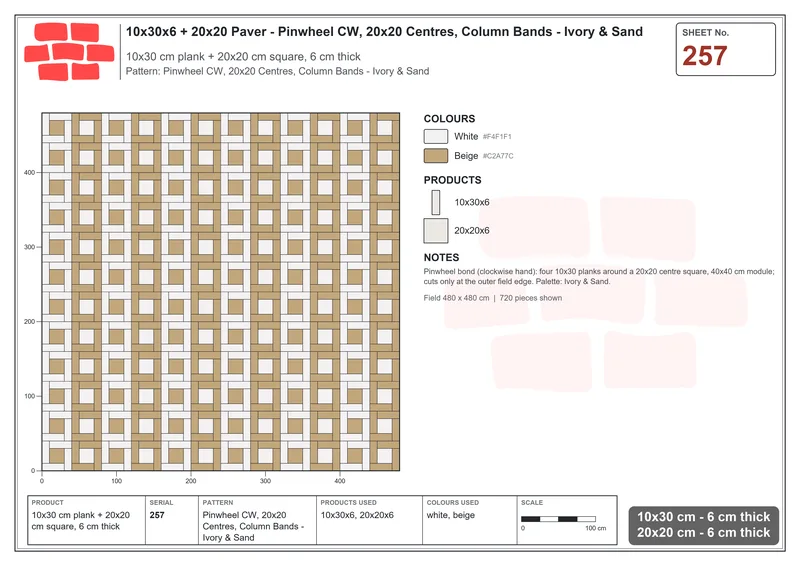 Interlock (Pasco) 10x30 cm · RC13-257 · Pinwheel CW, 20x20 Centres, Column Bands - Ivory & Sand · Laying plan Interlock (Pasco) 10x30 cm · RC13-257 · Pinwheel CW, 20x20 Centres, Column Bands - Ivory & Sand · Laying plan