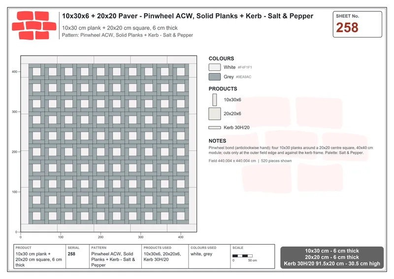 Interlock (Pasco) 10x30 cm · RC13-258 · Pinwheel ACW, Solid Planks + Kerb - Salt & Pepper · Laying plan Interlock (Pasco) 10x30 cm · RC13-258 · Pinwheel ACW, Solid Planks + Kerb - Salt & Pepper · Laying plan