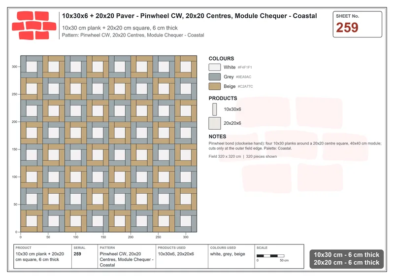 Interlock (Pasco) 10x30 cm · RC13-259 · Pinwheel CW, 20x20 Centres, Module Chequer - Coastal · Laying plan Interlock (Pasco) 10x30 cm · RC13-259 · Pinwheel CW, 20x20 Centres, Module Chequer - Coastal · Laying plan