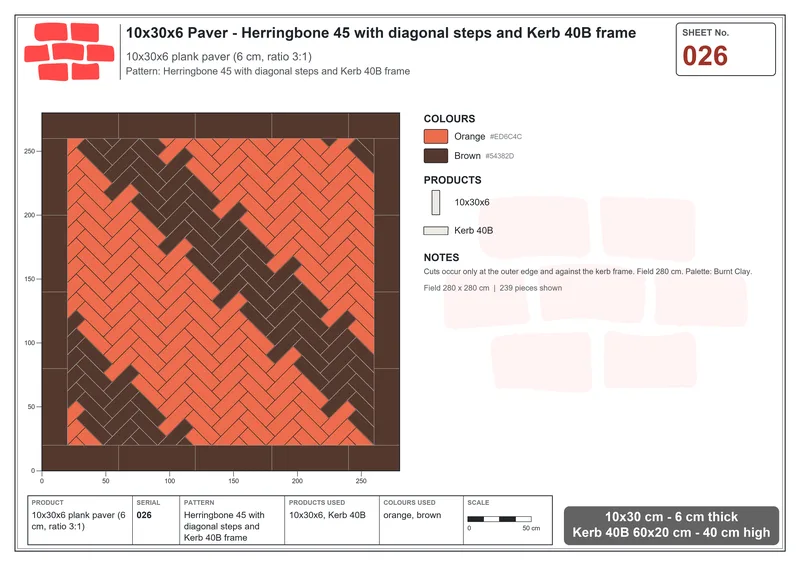 Interlock (Pasco) 10x30 cm · RC13-26 · Herringbone 45 with diagonal steps and Kerb 40B frame · Laying plan Interlock (Pasco) 10x30 cm · RC13-26 · Herringbone 45 with diagonal steps and Kerb 40B frame · Laying plan