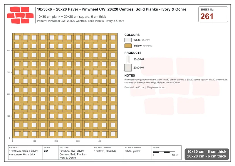 Interlock (Pasco) 10x30 cm · RC13-261 · Pinwheel CW, 20x20 Centres, Solid Planks - Ivory & Ochre · Laying plan Interlock (Pasco) 10x30 cm · RC13-261 · Pinwheel CW, 20x20 Centres, Solid Planks - Ivory & Ochre · Laying plan