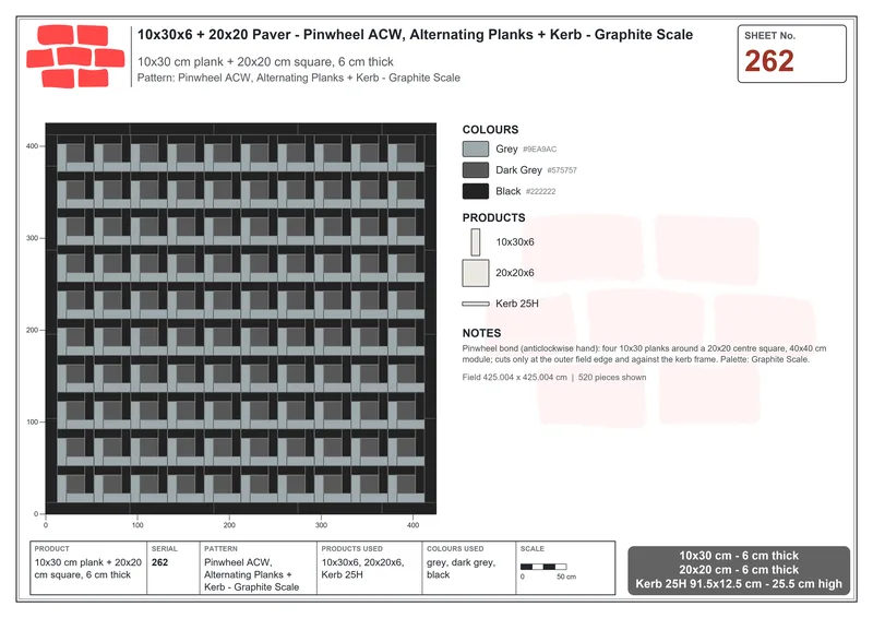 Interlock (Pasco) 10x30 cm · RC13-262 · Pinwheel ACW, Alternating Planks + Kerb - Graphite Scale · Laying plan Interlock (Pasco) 10x30 cm · RC13-262 · Pinwheel ACW, Alternating Planks + Kerb - Graphite Scale · Laying plan