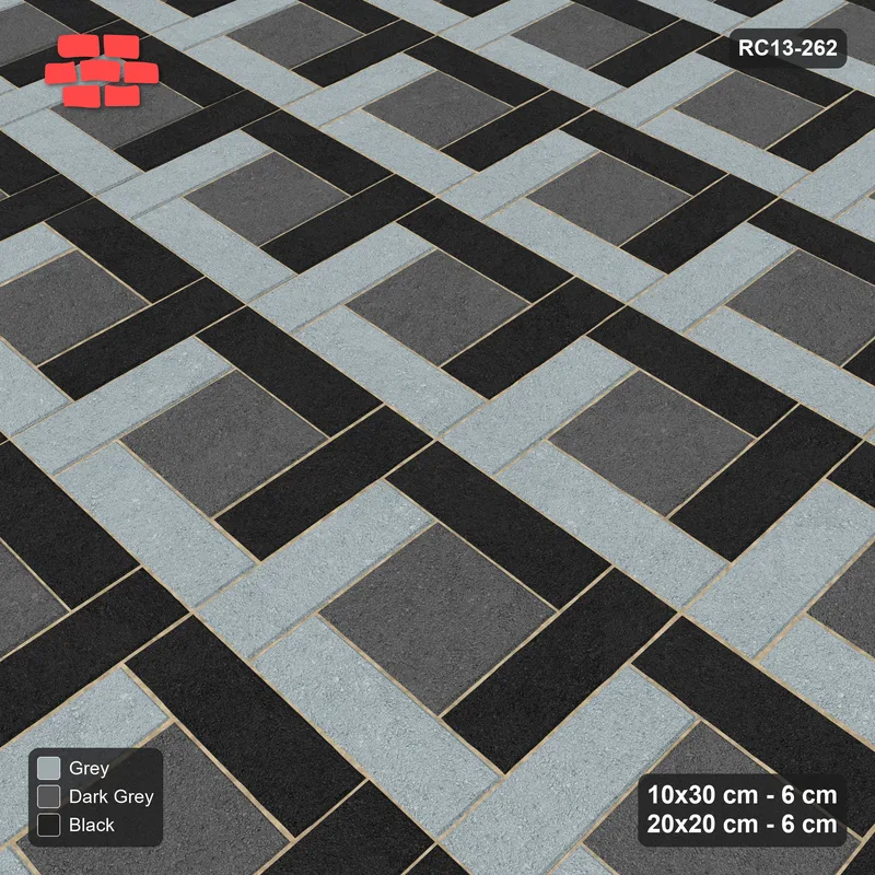 Interlock (Pasco) 10x30 cm · RC13-262 · Pinwheel ACW, Alternating Planks + Kerb - Graphite Scale · Side view
