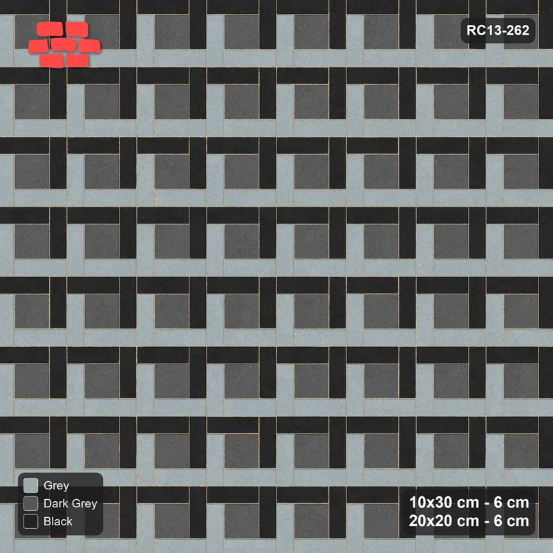 Interlock (Pasco) 10x30 cm · RC13-262 · Pinwheel ACW, Alternating Planks + Kerb - Graphite Scale · Top view