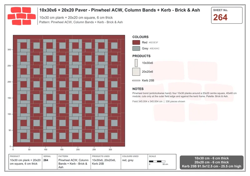 Interlock (Pasco) 10x30 cm · RC13-264 · Pinwheel ACW, Column Bands + Kerb - Brick & Ash · Laying plan Interlock (Pasco) 10x30 cm · RC13-264 · Pinwheel ACW, Column Bands + Kerb - Brick & Ash · Laying plan