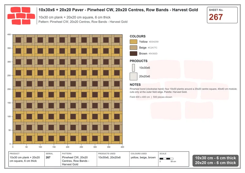 Interlock (Pasco) 10x30 cm · RC13-267 · Pinwheel CW, 20x20 Centres, Row Bands - Harvest Gold · Laying plan Interlock (Pasco) 10x30 cm · RC13-267 · Pinwheel CW, 20x20 Centres, Row Bands - Harvest Gold · Laying plan