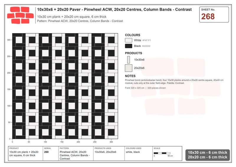 Interlock (Pasco) 10x30 cm · RC13-268 · Pinwheel ACW, 20x20 Centres, Column Bands - Contrast · Laying plan Interlock (Pasco) 10x30 cm · RC13-268 · Pinwheel ACW, 20x20 Centres, Column Bands - Contrast · Laying plan