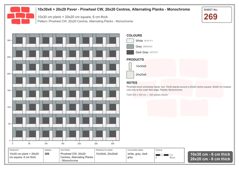 Interlock (Pasco) 10x30 cm · RC13-269 · Pinwheel CW, 20x20 Centres, Alternating Planks - Monochrome · Laying plan Interlock (Pasco) 10x30 cm · RC13-269 · Pinwheel CW, 20x20 Centres, Alternating Planks - Monochrome · Laying plan