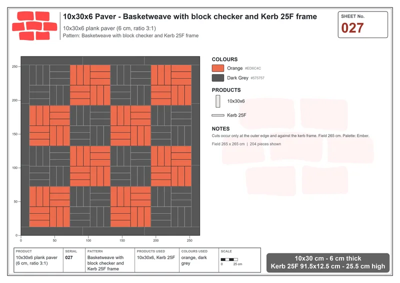 Interlock (Pasco) 10x30 cm · RC13-27 · Basketweave with block checker and Kerb 25F frame · Laying plan Interlock (Pasco) 10x30 cm · RC13-27 · Basketweave with block checker and Kerb 25F frame · Laying plan