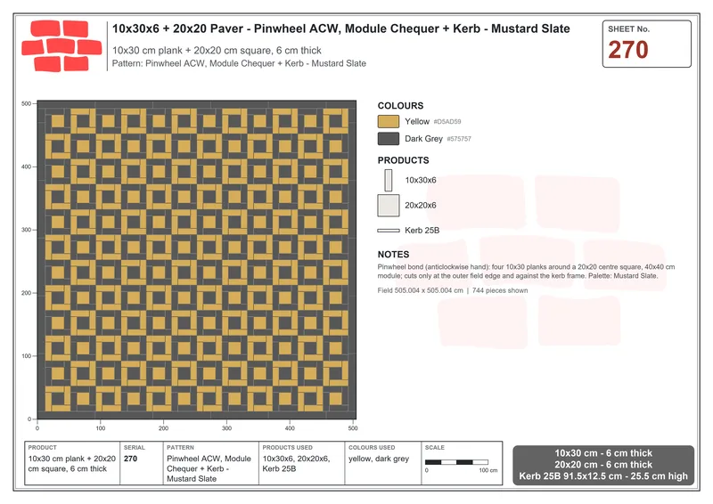 Interlock (Pasco) 10x30 cm · RC13-270 · Pinwheel ACW, Module Chequer + Kerb - Mustard Slate · Laying plan Interlock (Pasco) 10x30 cm · RC13-270 · Pinwheel ACW, Module Chequer + Kerb - Mustard Slate · Laying plan