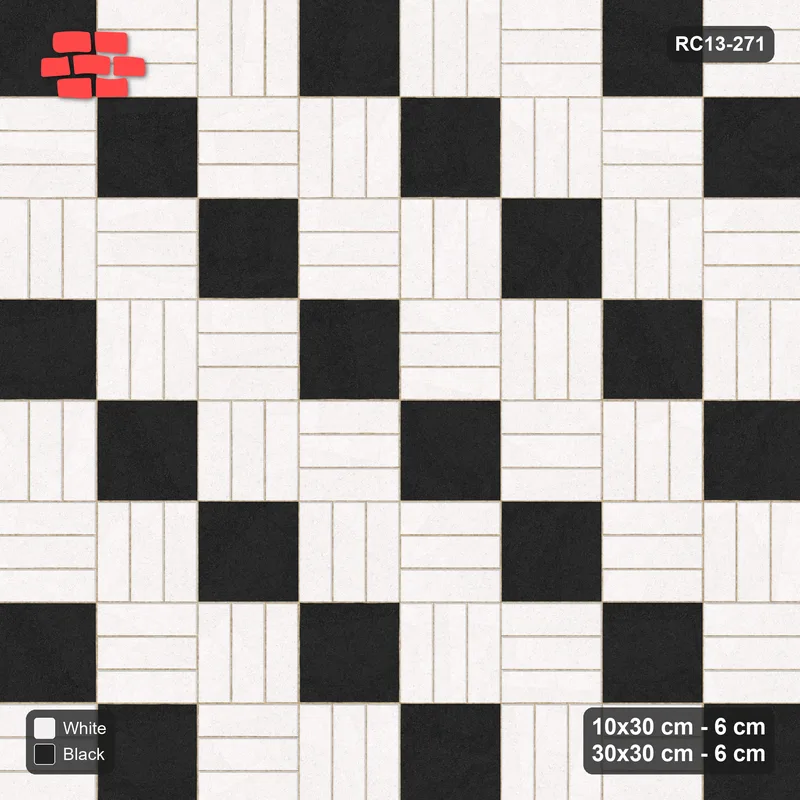 Interlock (Pasco) 10x30 cm · RC13-271 · Weave-3 + Slab Checker, Diagonal 1:2, Solid Planks - Contrast · Top view