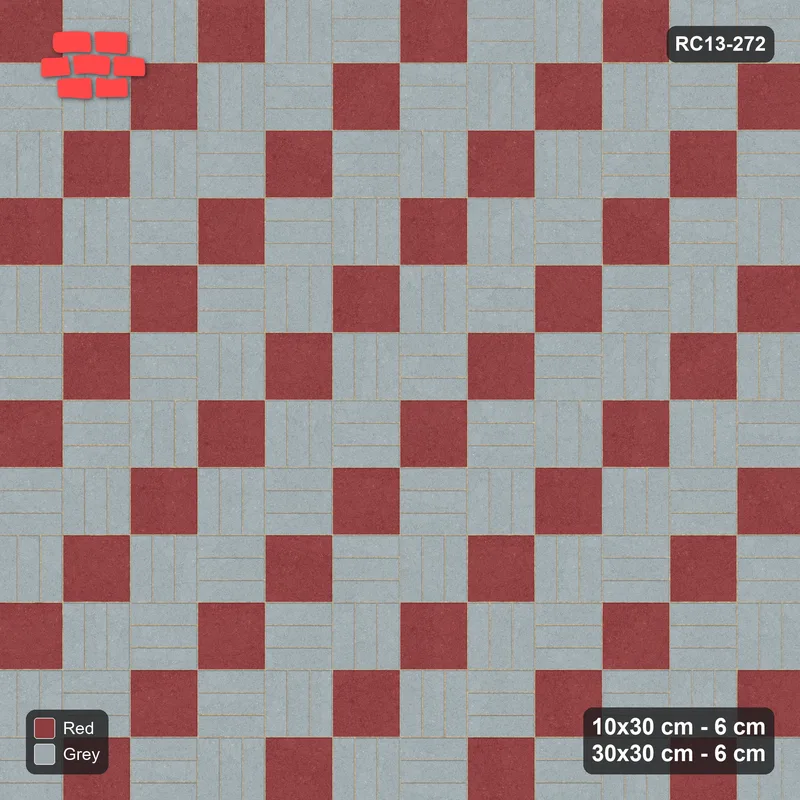 Interlock (Pasco) 10x30 cm · RC13-272 · Weave-3 + Slab Checker, Diagonal 1:2 Mirrored, Solid Planks - Brick & Ash · Top view
