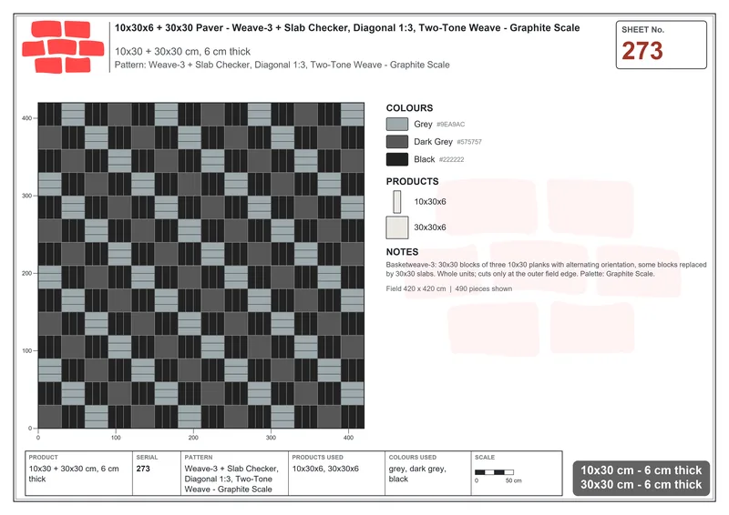 Interlock (Pasco) 10x30 cm · RC13-273 · Weave-3 + Slab Checker, Diagonal 1:3, Two-Tone Weave - Graphite Scale · Laying plan Interlock (Pasco) 10x30 cm · RC13-273 · Weave-3 + Slab Checker, Diagonal 1:3, Two-Tone Weave - Graphite Scale · Laying plan